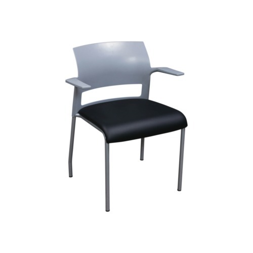 Steelcase Move Used Gray Stack Chair w Arms, Black Satin PU Leather Seat