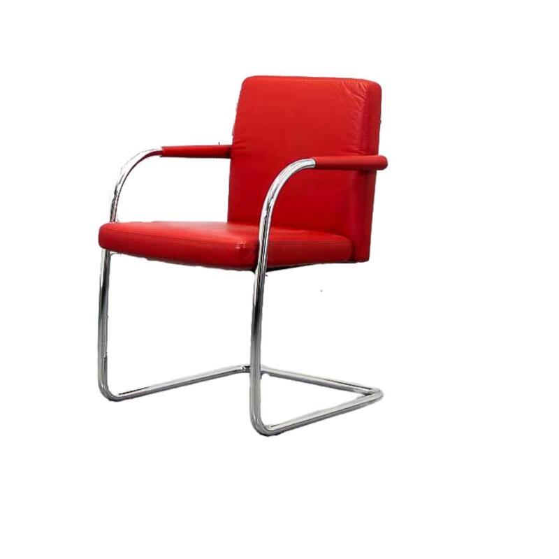 Knoll Bruno polished aluminium cantilever visitor/meeting chair upholstered in red leather - Thumbnail 2