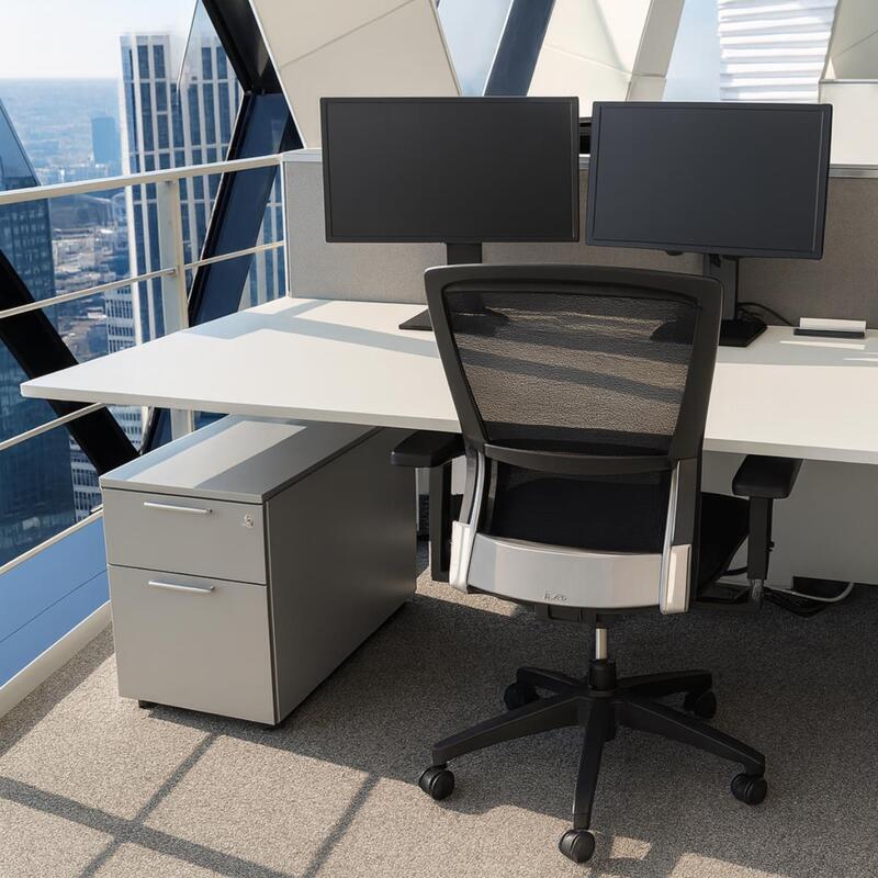 Grey laminate rectangular height adjustable desk.  - Thumbnail 2