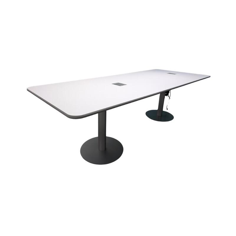 Standing 12 Ft Used Tapered Conference Table w Power Grommets, White - Image 1