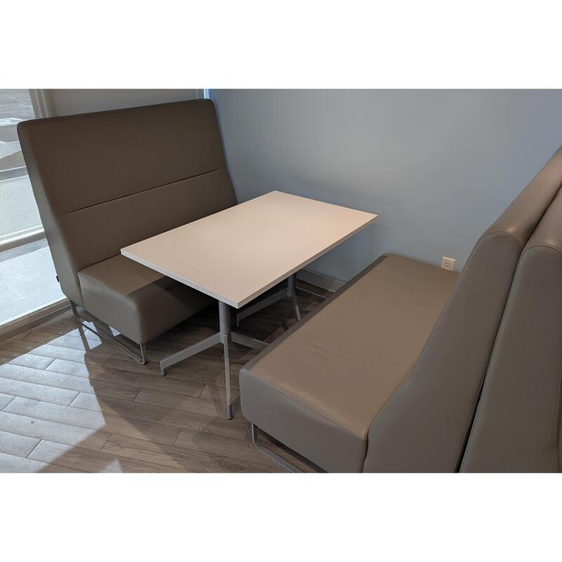 Used Banquet Set w Two Benches and 30×48 Cafe Table, Gray and White - Thumbnail 2
