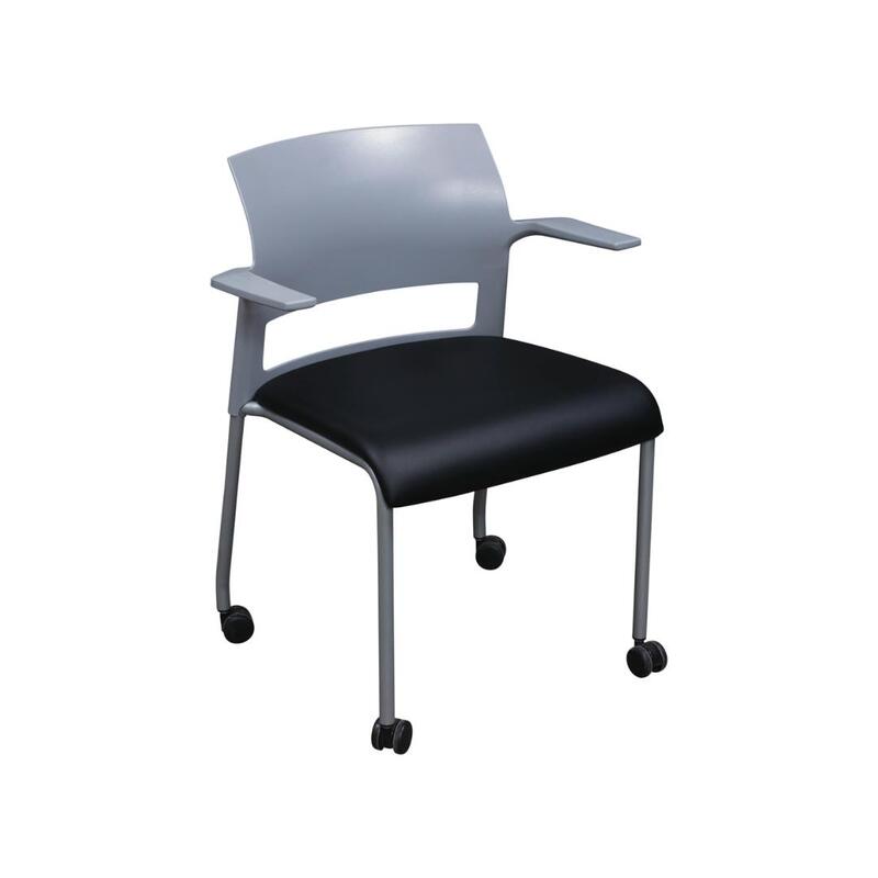 Move Used Gray Mobile Stack Chair w Arms, Black Satin PU Leather Seat - Image 1