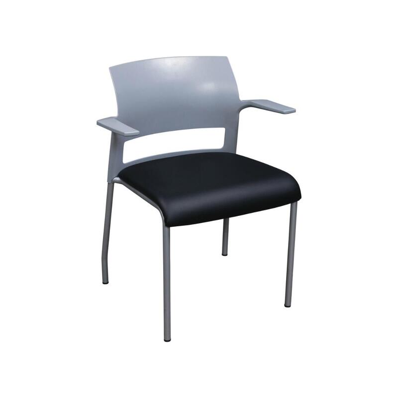 Move Used Gray Stack Chair w Arms, Black Satin PU Leather Seat - Image 1