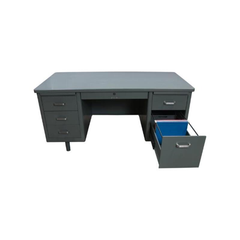 McDowell & Craig Used Rustic 30×60 Metal Double Pedestal Desk, Gray - Thumbnail 4