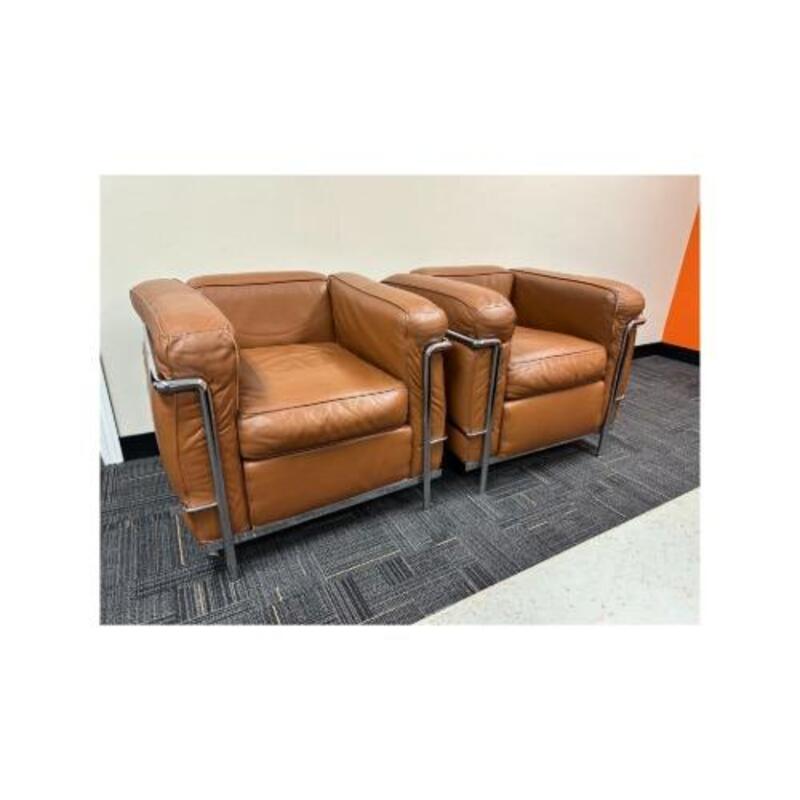 Pair of LC2 Leather Club Chairs by Le Corbusier for Cassina, Signed (Brown/Chrome) - Thumbnail 2
