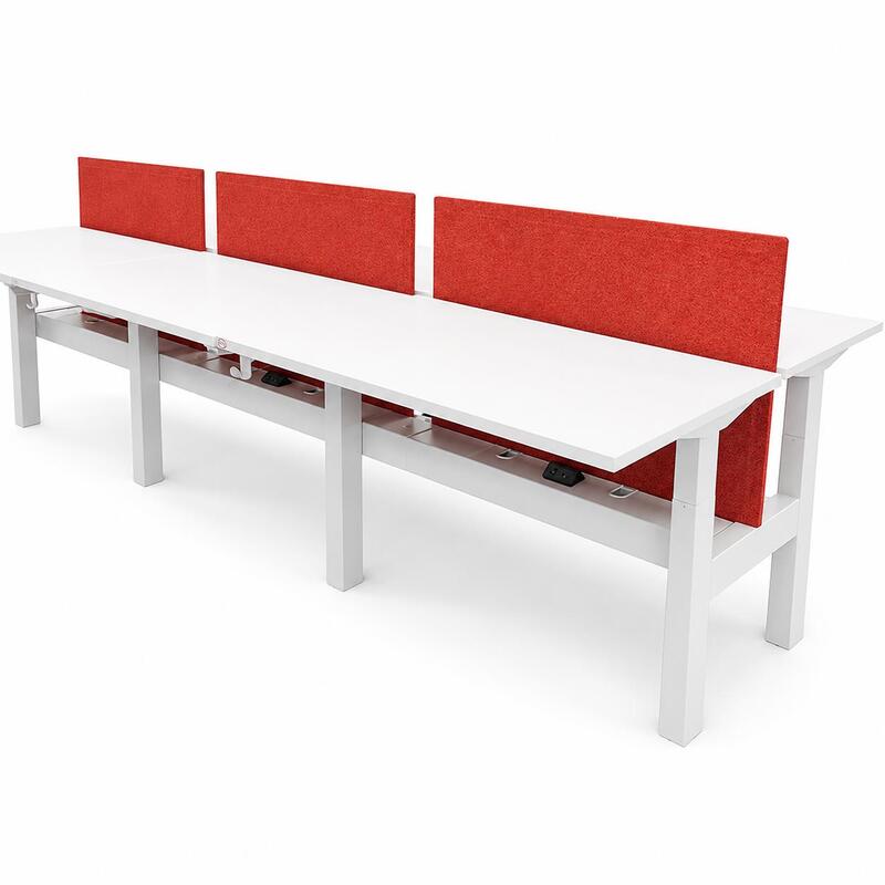 28×48 In Nevi Link Electric Sit Stand Double Desk for 2 w Red Privacy Panel, White - Image 1