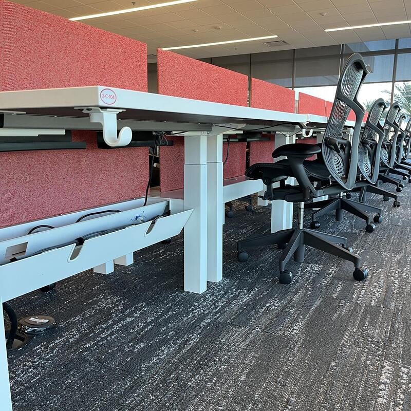28×48 In Nevi Link Electric Sit Stand Double Desk for 2 w Red Privacy Panel, White - Thumbnail 4