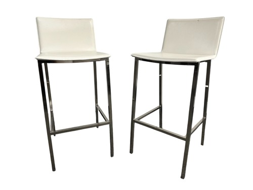 Pair of CB2 Phoenix Counter Stool White Leather Chrome - Image 1