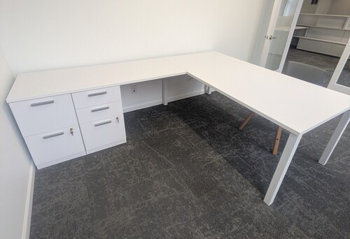 White Laminate L Shape Desk with Pedestals - Image 1