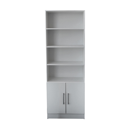 MFG Unknown Laminate 4 opening bookcase, 2 door storage bottom case, bar pulls - Image 1