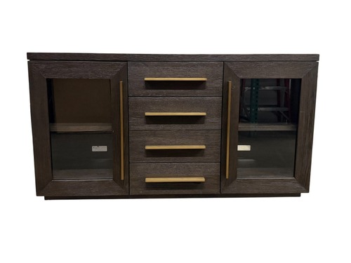 Restoration Hardware Machinto Glass Sideboard with Drawers (Brown Oak/Burnished Brass) - Image 1